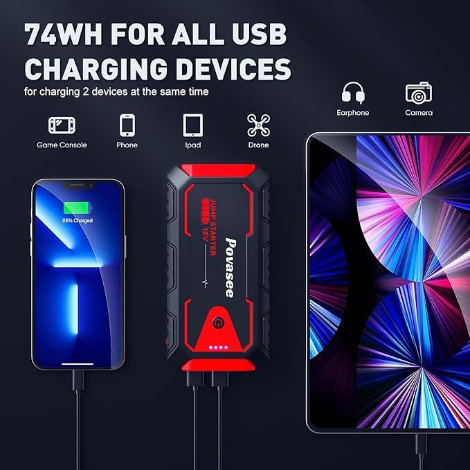 Povasee Jump Starter 5000A Car Jumper Starter, Model A30 12V Jump Box for Car Battery up to 10L Gas or 8L Diesel Engine Battery Jumper Starter Portable with Power Bank/Dual Output/LED Light