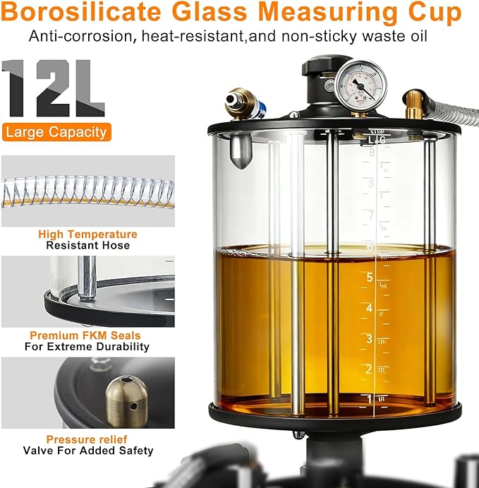 Waste Oil Drain Tank, 26.4 Gallon Capacity, Pneumatic Oil Extractor, 61 in. Suction/Drain Pipes, 3.17 Gallon Measuring Cup, <0.09MPa Vacuum