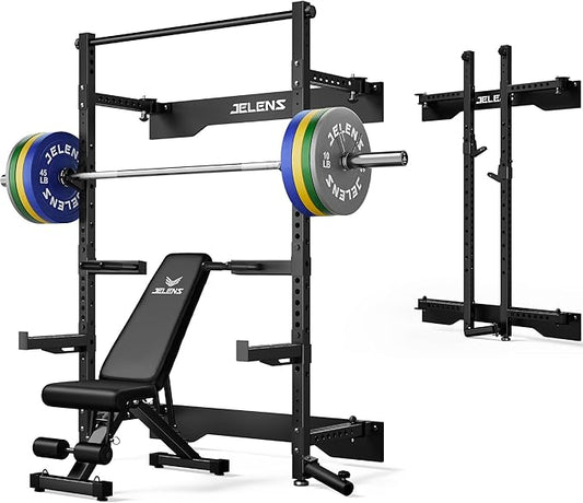 Folding Squat Rack, Wall Mounted Power Rack for Home Gym, Space Saving Multi-Functional Power Cage with Attachments