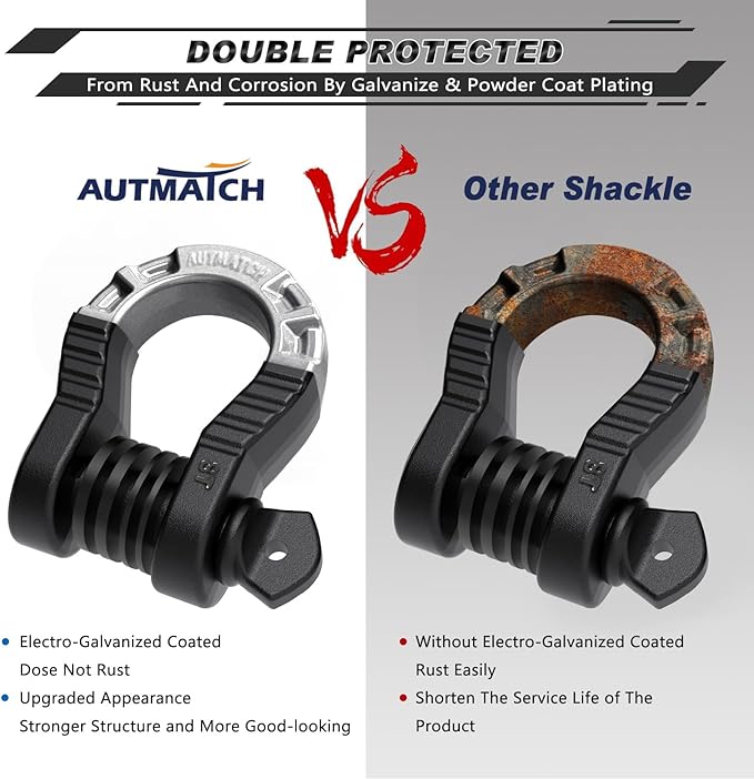 AUTMATCH D Ring Shackles 3/4" Mega Shackle (2 Pack) 68,000Ibs Break Strength - Heavy Duty Clevis Shackles 7/8" Screw Pin & Isolator Washer for Tow Strap Winch Off Road Vehicle Recovery, Frosted Black