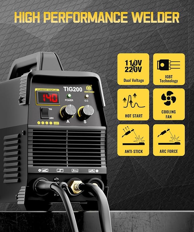 H HZXVOGEN 200A TIG Welder, High Frequency Welder 110/220V TIG/MMA 2 IN 1 Welder Machine with Post Gas TIG Welding Machine