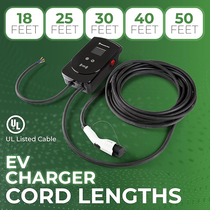 277/480 Volt AC 1 Phase (277 Volt) J1772 Level 2 EV Charger 80 Amp with up to 50 Feet Cord Lengths (50 Feet)