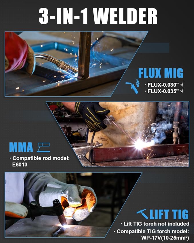 AZZUNO 135A MIG Welder 110v, 3 in 1 MIG Welder Machine Flux Core Welder/Lift TIG/Stick Welding Machine, Portable Wire Feed Welder, Gasless Welding Machine