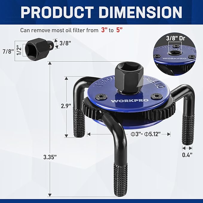 WORKPRO Magnetic Adjustable Oil Filter Wrench, Universal 3-Jaw Removal Tool 3"–5" (76–130mm), Auto Lock Design, Heavy Duty Oil Filter Wrench for Car, Truck, SUV, Motorcycle Oil Changes