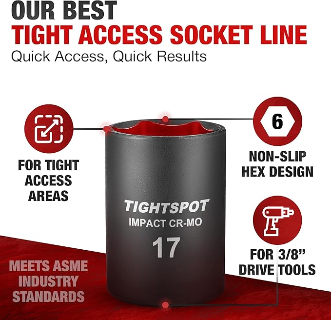 TIGHTSPOT 3/8 Inch Drive - 17mm Shallow Impact Socket with Anti-Rounding 6 Point Design, Heat-Treated CRMO Steel, Metric