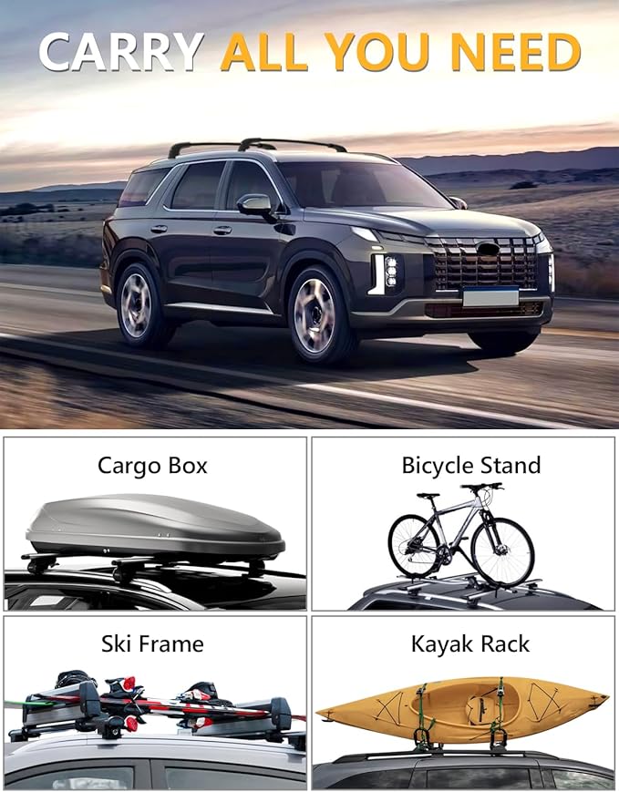 Tuyoung Roof Rack Cross Bars Compatible with Hyundai Palisade 2019-2025 SE SEL XRT Limited Calligraphy, 220lbs Lockable Heavy Duty Anti-Theft Aluminum Rails Crossbars Cargo Carrier Bag