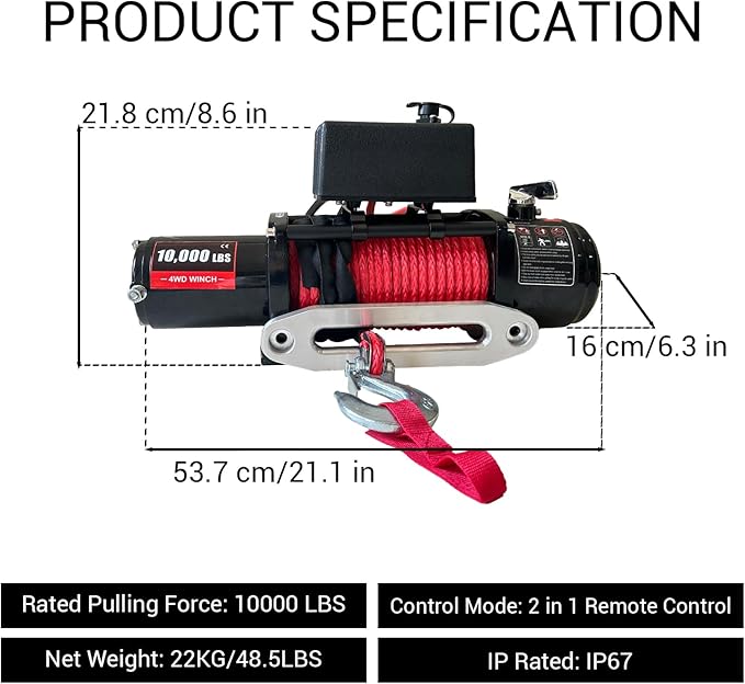 Chic Muse 13800lbs Electric Vehicle Winch, Waterproof IP67 85ft Red Synthetic Rope Truck Winch with Wireless Handheld Remote, 12V Power Winch for Towing UTV Off Road Vehicle