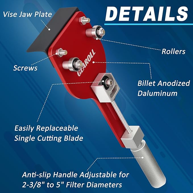 77750 Oil Filter Cutter Tool with Vise Jaw Plate, Oil Filter Cutter Cutting Tool for Filter Cutting Range 2-3/8" to 5" (Red)
