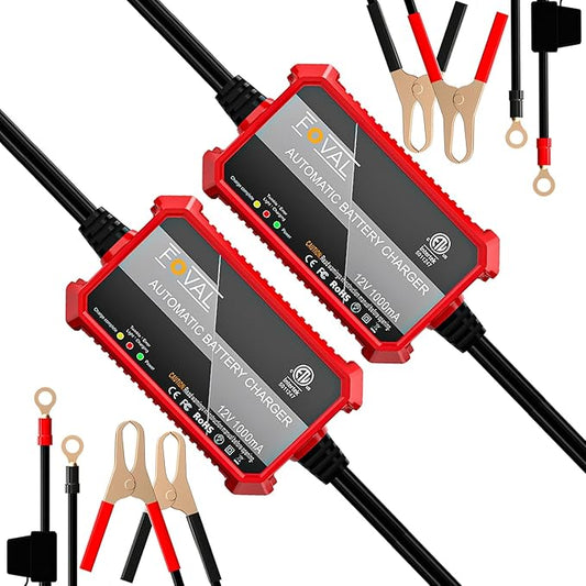 [2-Pack] FOVAL Fully Automatic Trickle Charger, 1000mA 12V Smart car Battery Charger, Battery Maintainer, Float Charger for Motorcycle Car Lawn Mower Boat SLA ATV Wet Gel Cell Lead Acid Batteries