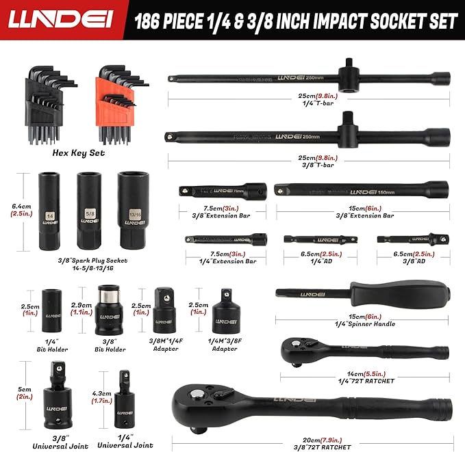 LLNDEI 1/4 & 3/8 Inch Drive Impact Socket Set, 186 Pieces Metric and Standard Full Sockets, CR-V Deep & Shallow Sockets Tool Set with Ratchet Wrench Handle, Spark Plug Socket, Bits for Mechanic