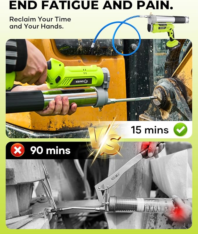 Saker Professional 12,000 PSI Cordless Grease Gun Kit - 2 * 2.0Ah Battery Powered Electric Grease Gun with 5.5 oz/min High Flow, LED Light & Flexible Hose for Automotive, Truck