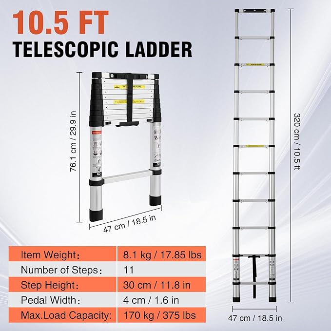 10.5 FT Aluminum Telescoping Ladder, One Button Retraction Extension Ladder, 375 lbs Load Capacity with Non-Slip Wide Feet, Compact Portable for Indoor Outdoor Use, RV, Attic and Roof Use