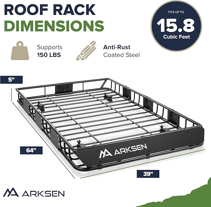 ARKSEN 64 x 39 x 5 Inch Upgrade Universal Roof Rack with Cargo Net, 2 Ratchet Straps - 150Lbs Capacity Heavy Duty Rooftop Cargo Carrier with Extension for Car, SUV & Pickup