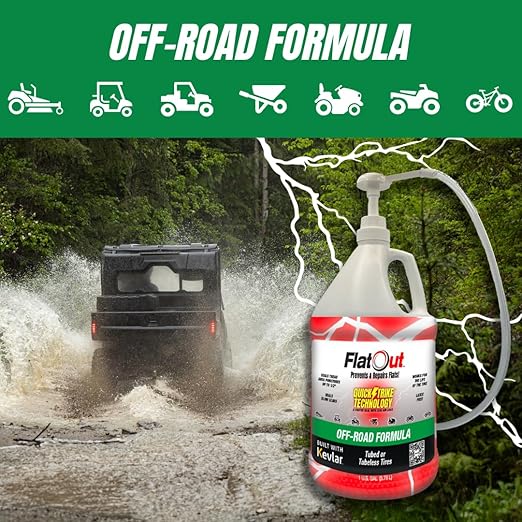 FlatOut QuickStrike Tire Sealant - Off-Road Formula - Prevents Flat Tires - Seals Leaks - Contains Kevlar - Tubeless Tire Sealant - 1 Gallon + Tool