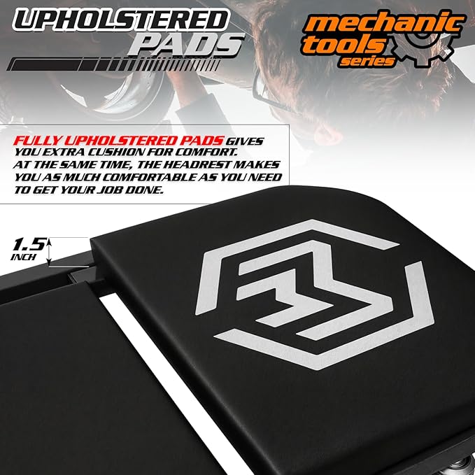 M-AUTO 40-Inch Folding Creeper Rolling Seat, All-in-One Adjustable Roller Garage Chair, Lay Down or Sit, 330LBS Capacity Under Car Roller Creeper with 6 Swivel Casters, Black