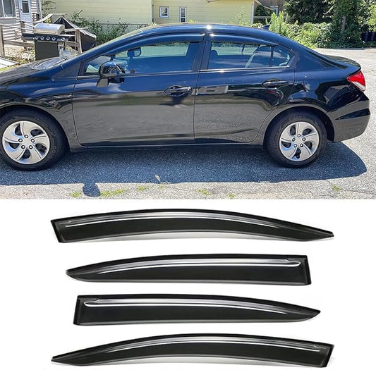 94462 Side Window Visor Vent Deflector fit for 2012-2015 Honda Civic 4-Door Sedan,4pcs Outside Mount Tape-on Shatterproof Dark Smoke Window Shades Sun Rain Guard