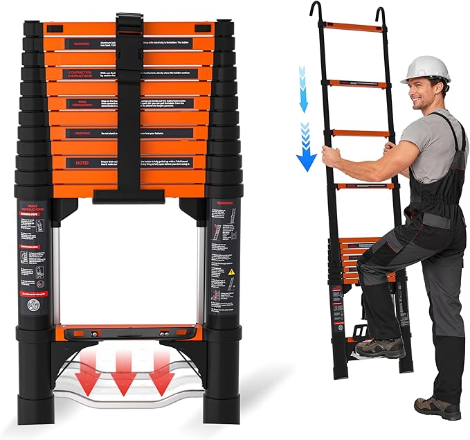 12.5FT Telescoping Ladder,3-Second Quick Folding & Locked-in Safety,Aluminum Extension Ladder for RV/Home/Outdoor, 330lbs Max Load