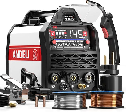 ANDELI 145A MIG Welder 4-in-1，110V/220V Dual Voltage [Large LED Display]Gas MIG/Flux Core MIG/Lift TIG/Stick Multiprocess MIG Welding Machine with Synergy，Full Kit (Bonus MIG Wire&FluxCore Wire)