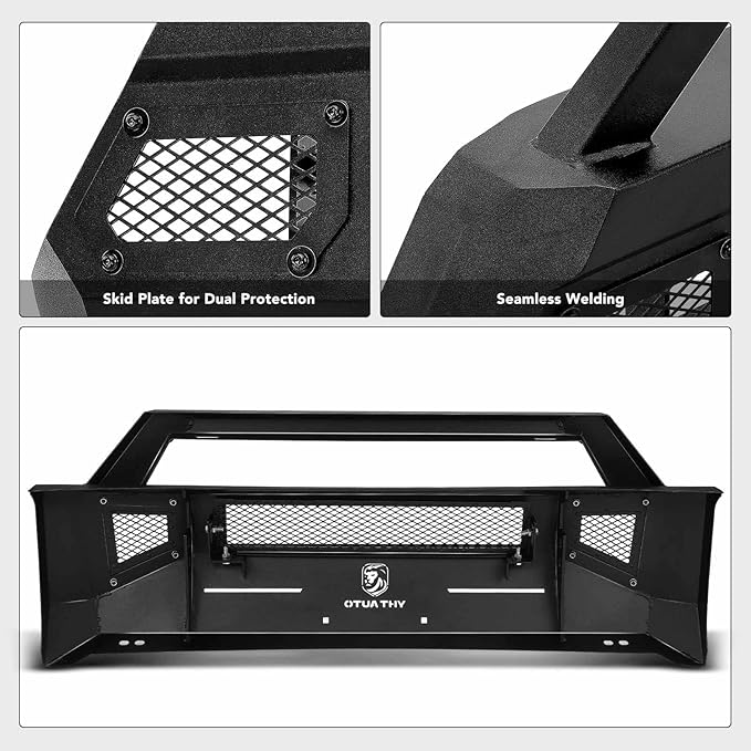 YHTAUTO Bull Bar Push Bar with Skid Plate Light Mount Fit Toyota Tundra 2014-2021, Heavy Duty Steel Brush Guard for Truck Front Bumper w/o Winch Frame Textured Black Off Road Accessories