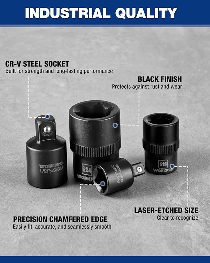 WORKPRO 17 PCS E-Torx Socket Set, Premium CR-V Female Star Sockets E4–E24, 1/4", 3/8", 1/2" Drive, Precision Inverted Torx Socket with Storage Case for Auto, Engine, and Mechanical Repair