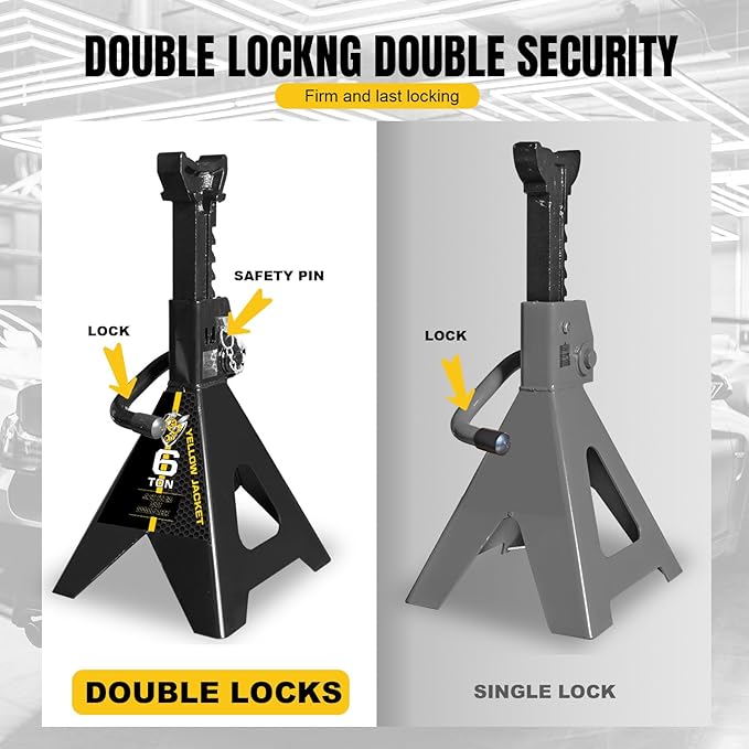 YELLOW JACKET Jack Stands 6 Ton with Double Locking for Lifting Car SUVS, Heavy Duty Steel, 13000 lb Capacity, 1 Pair, Black