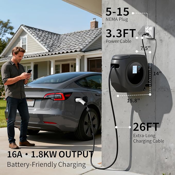 Level 1 EV Charger for Tesla – 110V 16A, 26FT Cable, NEMA 5-15 Plug, Wi-Fi Support, Portable Tesla Connector for Model 3/Y/S/X, Easy for Home or Travel (Black)