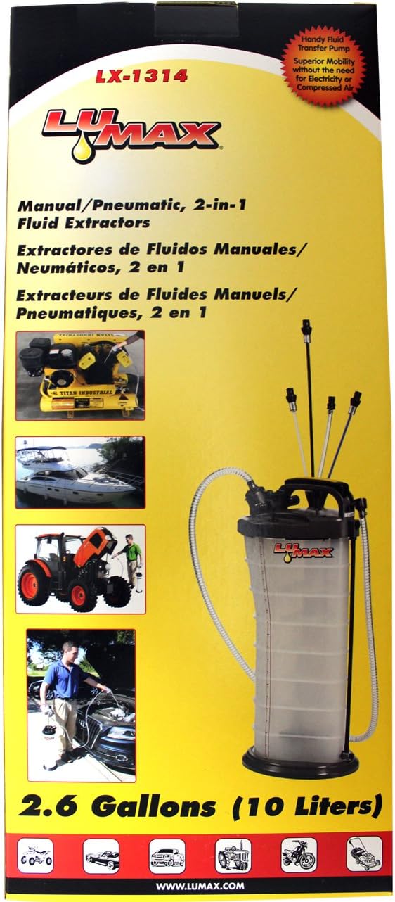 LUMAX LX-1314 Gold/Silver Manual/Pneumatic 2-in-1 Fluid Extractor (2.6G 10L Capacity). Suitable for Brake Fluid, Engine Oil, Gear Oil, Transmission Fluid, Water, etc.