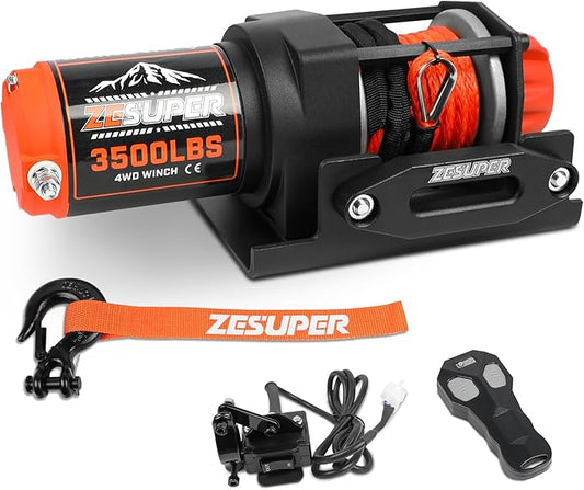 ZESUPER 3500 lb Waterproof Winch Electric Winch Kit, ATV UTV Trailer Winch 12V with Synthetic Winch Rope,Hawse Fairlead,Wireless Remote Handheld Remote Control,Mounting Plate