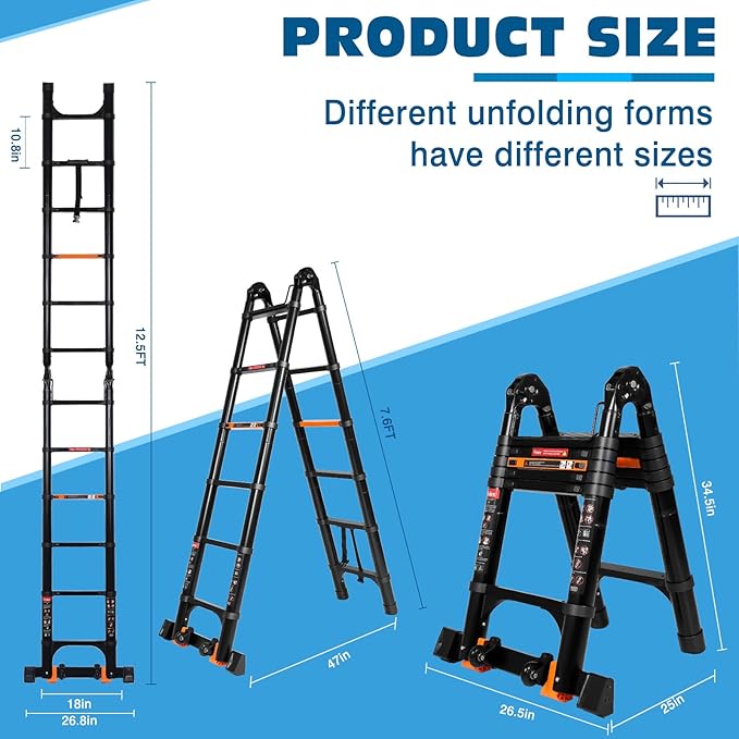 12.5 FT A Frame Telescoping Ladder, Extension Multi-Purpose w/Balance Bar & Wheels, Ladder A Frame, Heavy Duty 330 lbs Max Capacity, Ideal for Home and Outdoor Work, Black