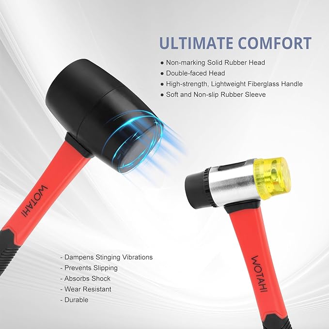 2-Piece Hammer Set - 16 oz Rubber Mallet Hammer and 35 mm Double-Faced Soft Hammer with Solid Head and Soft Grip Fiberglass Handle,2 Piece Rubber Mallet Set