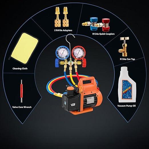 4.5 CFM AC Vacuum Pump and Gauge Set,for Mini Split/HVAC/Auto Systems,Manifold Gauge Kit Compatible with R134a R12 R22 R502,Includes R134a Can Tap,R410a Adapters