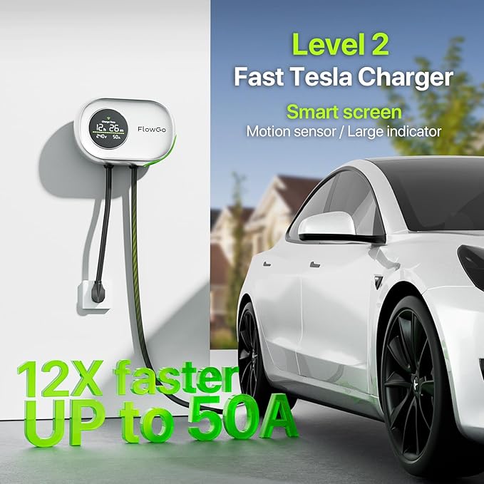 Level 2 Charger for Tesla 50A Smart Home Charger NACS 240V Tesla Charger 50 Apms Large Motion-Activate Display Screen One-Piece Housing Metal Case 25 FT Cable NEMA 14-50 Plug
