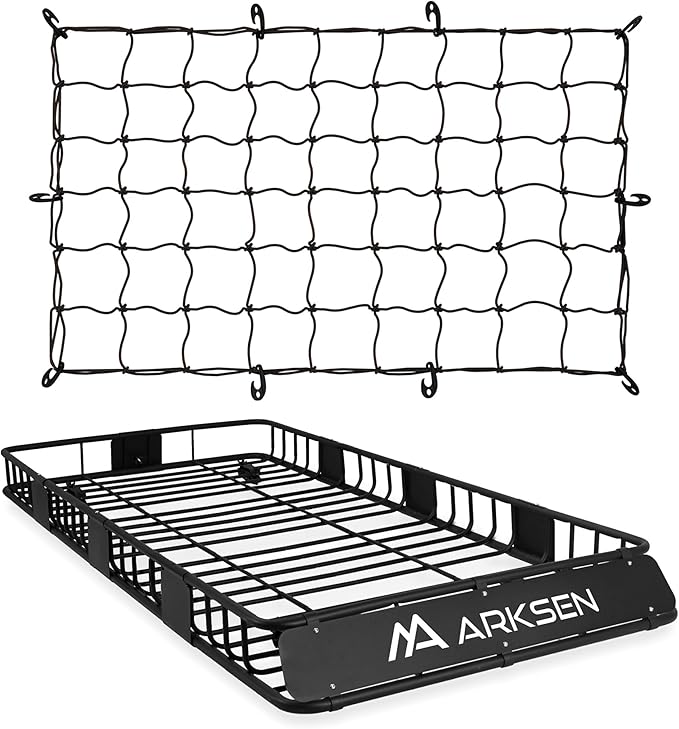 ARKSEN 84 x 39 x 6 Inch Universal 150LB Heavy Duty Roof Rack Cargo with Cargo Net, Car Top Luggage Holder Carrier Basket with Extension for SUV, Truck, & Car Steel Construction
