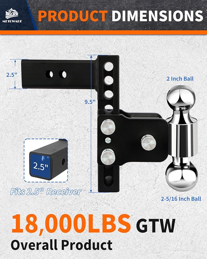 METOWARE Adjustable Trailer Hitch - Drop Hitch - Tow Hitch Fits 2.5 inch Receiver - 6inch Drop/Rise, 2" & 2-5/16" Ball Hitches for Trucks, 18,000 LBS GTW, Trailer Hitches with Anti-Theft Pin Lock