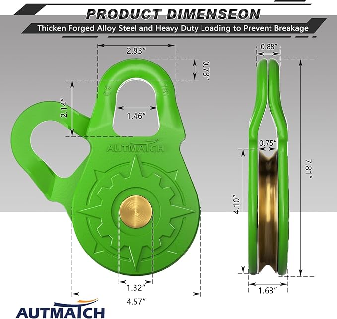 AUTMATCH Winch Snatch Block 18 Ton - Winch Pulley (79,366 Lbs) Break Strength, Heavy Duty Off Road Recovery Towing Pulley Blocks for Synthetic Rope or Steel Cable, Truck, UTV, ATV, Green