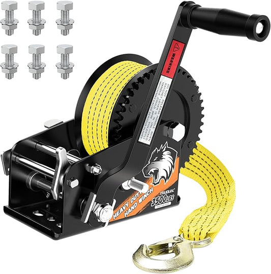 33FT Strap Boat Trailer Winches，2-Way Ratchet System Designed for Heavy-Duty Applications. 3500 lbs Ideal for Towing Trucks, ATVs, RVs, and Jet Skis.
