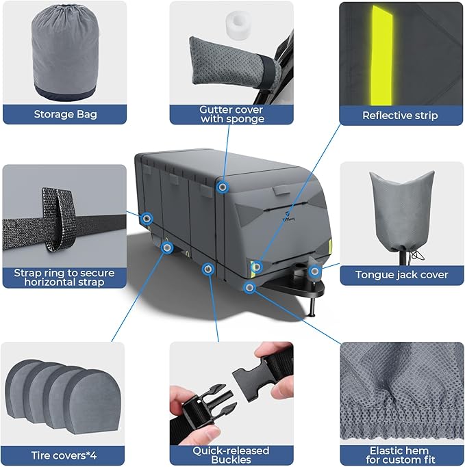 RVMasking Travel Trailer RV Cover 28-31ft, 7 Layers Extra-Thick Camper Cover Waterproof Windproof for Toy Hauler with 4 Tire Covers & Tongue Jack Cover, Durable Trailer Cover for RVs, Medium Gray