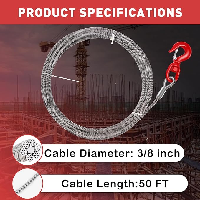 Steel Winch Cable,3/8" x 50' Wire Rope with Swivel Hook,17637 Lbs Breaking Strength,6x19 Strand Core Steel Towing Cable for Tow Truck,Crane,Wrecker