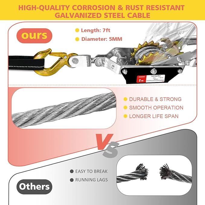 Come Along Winch 2-Ton with 7.54FT Steel Cable & 2 Hooks Heavy Duty Power Cable Come Along - Dual Gears Manual Winch for Vehicle Rescue & Automotive Hoist