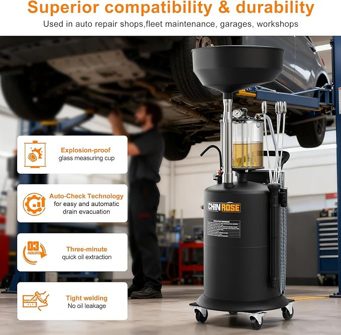 Waste Oil Drain Tank 18.5 Gallons Fortable Oil Lift Drain Extractor & Collector Kit Pneumatic Drainer for Automotive Fluids Waste Oil Container with Air Operation & Wheel (Black)
