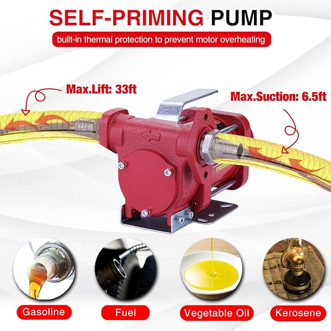 TOPWAY 12V DC Gasoline Fuel Pump 10GPM Self-priming Oil Transfer Pump With Handle, Overheat Protection, Explosion-Proof, Built-in Bypass, for Gasoline Fuel Diesel Kerosene Removal,Red