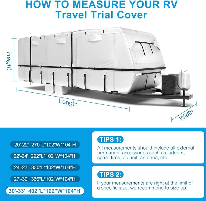 Mofeez Oxford Fabric Travel Trailer RV Cover, Camper Cover with 420D Oxford for The Top, 30'-33' Tearproof Waterproof Windproof Travel Trailer Cover with 4 Tire Covers, Jack Cover and Zippered Doors