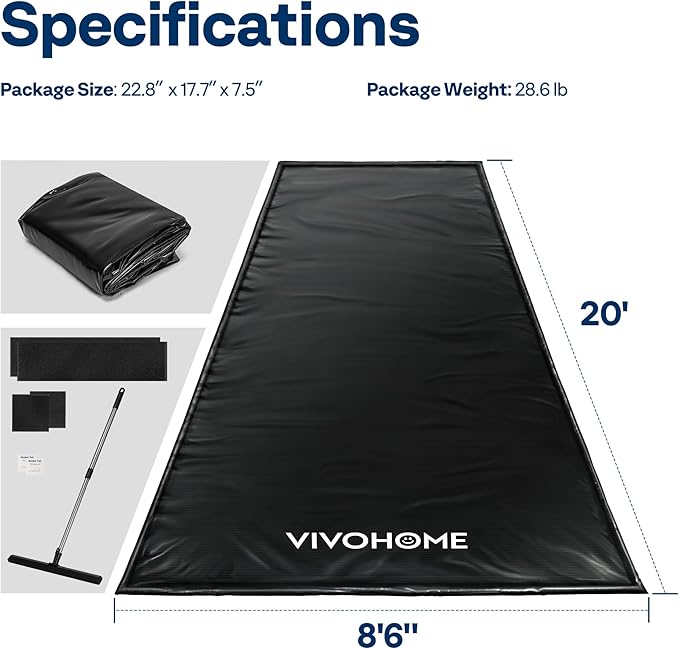 VIVOHOME Containment Mat (8'6" x 20') with Stay Put Corner, PVC Garage Floor Mats, Heavy Duty Garage Parking Mat with a Squeegee,Black