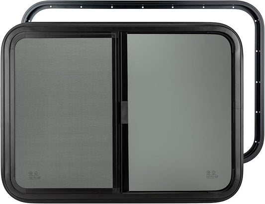 Dulepax Horizontal RV Window, 20" W x 15" H Tinted Slide Trailer Window, Tempered Glass Camper Window Replacement with Net Screen and Trim Ring, DOT Approved