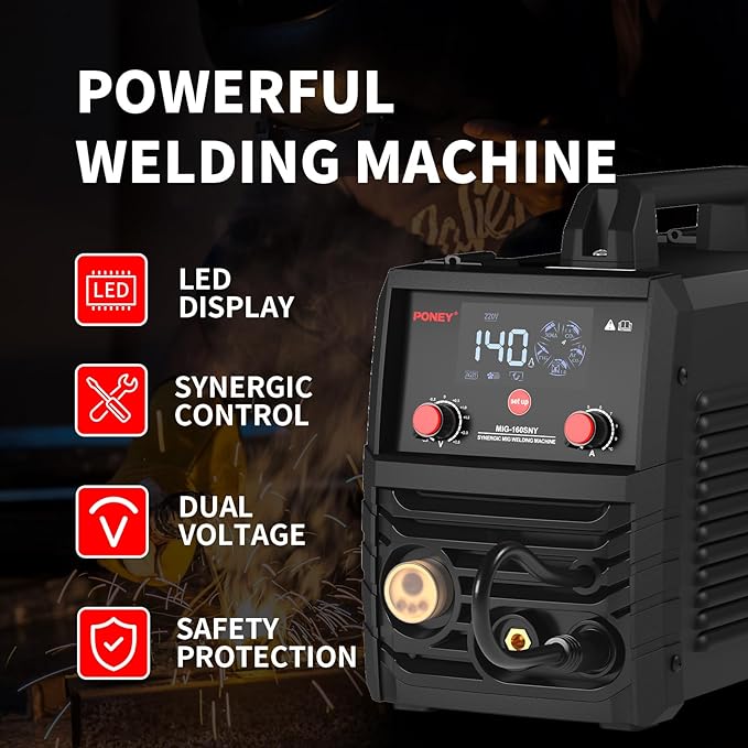 PONEY 140A MIG Welding Machine 110V/220V - 5 in 1 MIG/MAG/FLUX/TIG LIFT/MMA Welder Machine with Synergic Control IGBT Inverter and Digital Screen Display