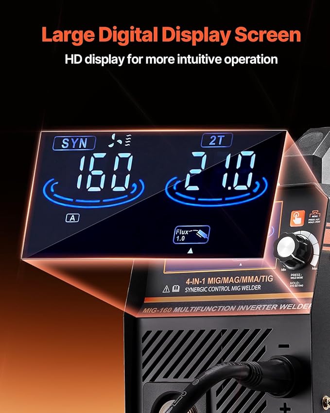 VEVOR MIG Welder, 160A Synergic Mig Welding Machine, 4-in-1 Gas MIG/Flux Core MIG/Stick/Lift TIG Multi-Process Welder Machine, 110V/220V Dual Voltage Mig Welder with IGBT Inverter & LCD Screen Display