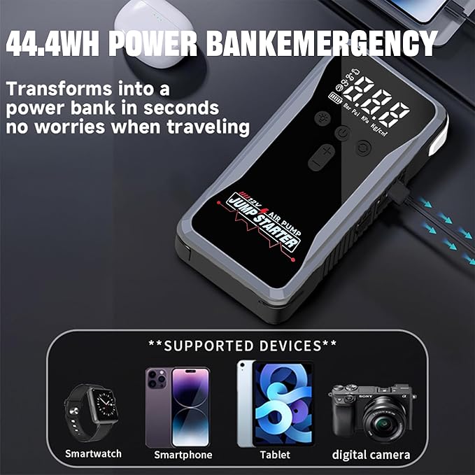 Car Battery Jump Starter with Air Compressor,2000A Peak Battery Jumper Starter Portable with 150PSI Tire Inflator, 12V Jumper Cables(9L Gas/8L Diesel) Jumpbox, LCD Display,LED Light, USB Quick Charge