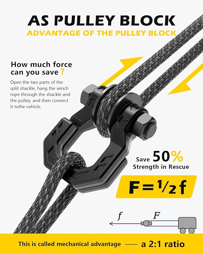 Separate D-Ring Shackle with Pulley Block, Towing Winch Snatch Block & 3/4" Easy Open D-Ring Shackle 2in1 Set, 57320lbs(26T) Breaking Strength, for Recovery, BlackBlack
