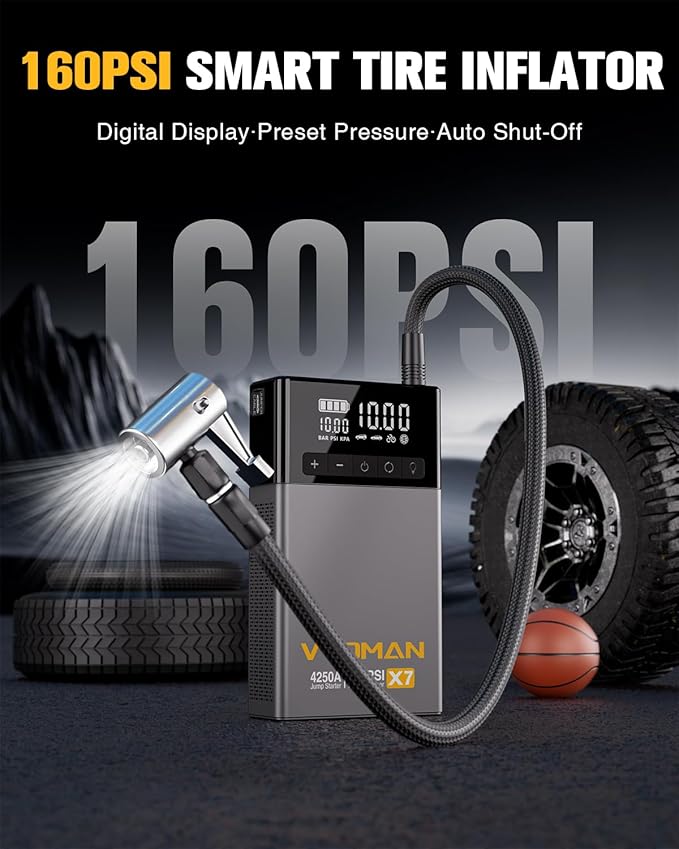 VTOMAN X7 Jump Starter with Air Compressor, 4250A&160PSI Pickup Trucks & Suvs Battery Car Jumper Starter Portable(10L Gas/10L Diesel) with Auto-Shutoff Tire Inflator, 12V Lithium Booster Box, QC3.0