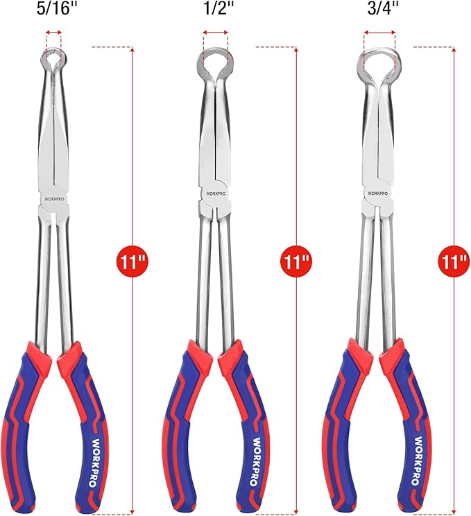 WORKPRO 3 PCS 11" Hose Gripper Plier Set, Long Reach Hose Gripping Pliers, 5/16-Inch, 1/2-Inch, 3/4-Inch Dia, Spark Plug Boot Removal Pliers, Serrated Jaws for Hard to Reach Narrow Spaces